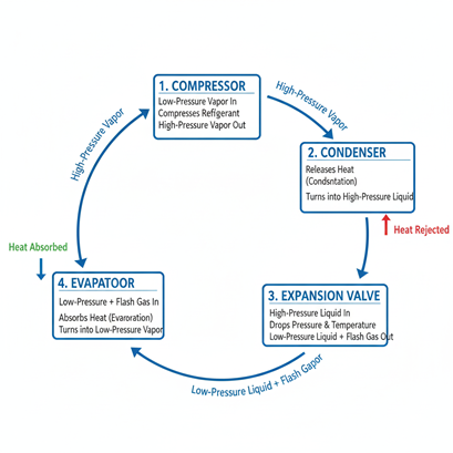نمودار مسیر حرکت مبرد در چرخه تبرید، از کمپرسور شروع شده و به کندانسور، شیر انبساط و اواپراتور منتقل میشود و در نهایت به کمپرسور باز میگردد.