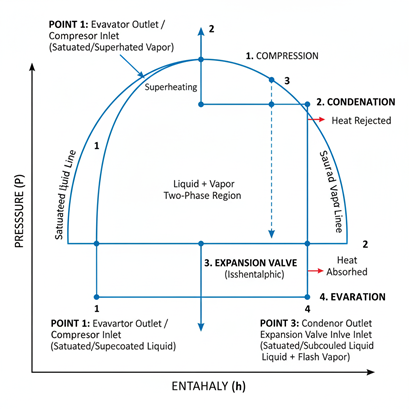 نمودار فشار-انتیالپی در چرخه تبرید که شامل مراحل سوپرگرمایش، تقلیب، انبساط و تبخیر است. نقاط مختلف چرخه با دقت برچسبگذاری شدهاند.