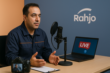 مدرس ایرانی در استودیوی آموزشی رهجو در حال اجرای لایو آنلاین برای تکنسینهای فنی است؛ لپتاپ، میکروفون و دوربین حرفهای روی میز قرار دارد و فضای آموزش رسمی و صنعتی را نشان میدهد.