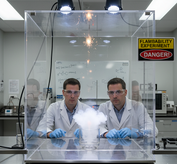 صحنهای از آزمایشگاه آموزشی که در آن محدوده اشتعالپذیری گازهای تبرید بهصورت کنترلشده نمایش داده میشود؛ تکنسینها پشت شیشه محافظ ایستادهاند و نمودار مثلث آتش روی تابلو دیده میشود.