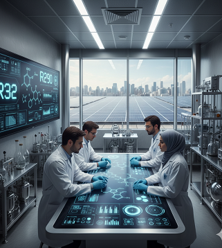 مهندسان ایرانی در آزمایشگاه تحقیقاتی در حال تست مبردهای جدید سازگار با محیط زیست مانند R32 و R290 هستند؛ مانیتورها نمودارهای انرژی نشان میدهند و پنلهای خورشیدی در پسزمینه دیده میشوند.