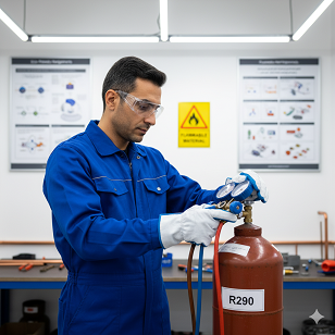 تکنسین ایرانی در کارگاه آموزشی در حال بررسی سیلندر سبز رنگ گاز R290 است؛ تابلوهای هشدار اشتعالپذیری و پوسترهای مربوط به مبردهای دوستدار محیط زیست روی دیوار دیده میشوند و ابزار فشارسنج روی میز قرار دارد.