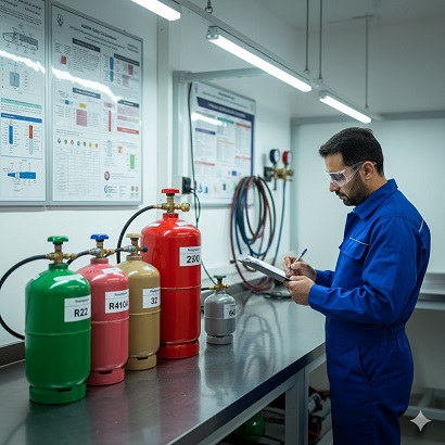 تکنسین ایرانی در محیط آموزشی تبرید در حال مقایسه و یادداشتبرداری درباره انواع سیلندرهای مبرد با برچسبهای R22، R410A، R32، R290 و R600a است؛ روی دیوار نمودار اشتعالپذیری و سمیت نصب شده است.