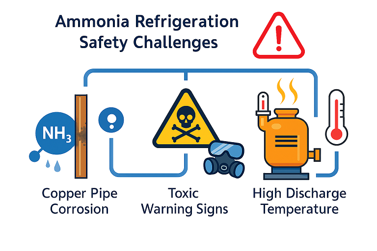 اینفوگرافی چالشهای ایمنی در سیستم تبرید آمونیاکی شامل خوردگی لوله مسی، نشانههای هشدار گاز سمی، و دمای بالای تخلیه کمپرسور با نمادهای هشدار و تجهیزات ایمنی