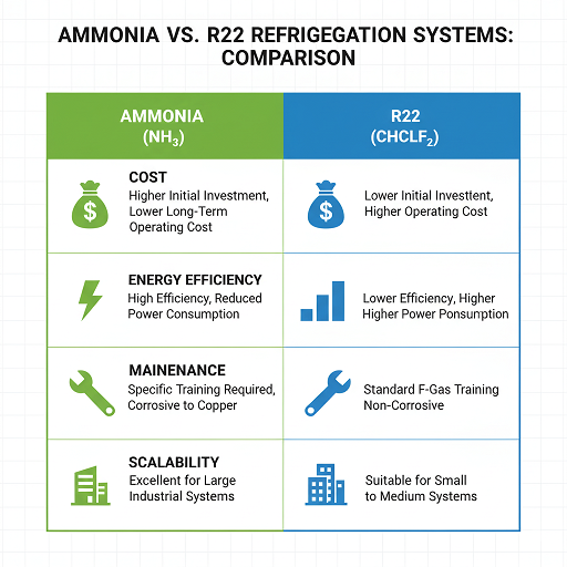 اینفوگرافی مقایسه اقتصادی و کاربردی بین سیستم تبرید آمونیاکی و R22 شامل تفاوت در هزینه اولیه، راندمان انرژی، هزینه نگهداری و مقیاس پروژه با آیکونهای پول، انرژی، ابزار و ساختمان