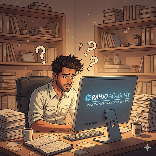 تصویر کارتونی مهندس خسته در حال جستجوی منابع طراحی مدار آمونیاکی با قفسههای خالی، علامتهای سؤال و صفحهای درخشان با عنوان Rahjo Academy