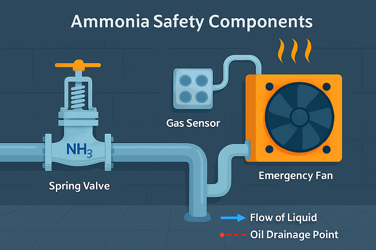 اینفوگرافی اجزای ایمنی در سیستم تبرید آمونیاکی شامل شیر فنردار، سنسور نشت گاز، فن تهویه اضطراری و علامت هشدار در محیط صنعتی با رنگبندی آموزشی