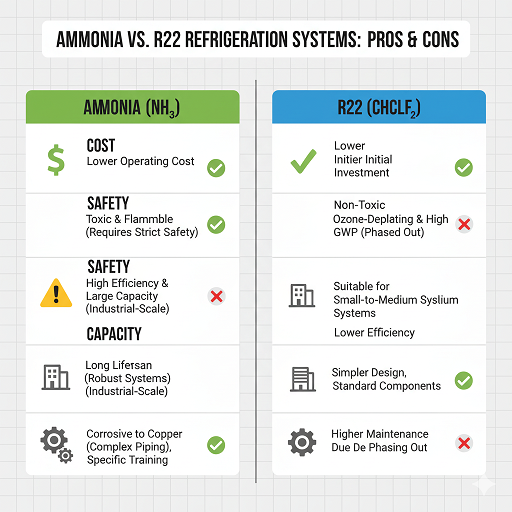 اینفوگرافی مقایسهای بین سیستم تبرید آمونیاکی دومرحلهای و تکمرحلهای شامل تفاوت در راندمان انرژی، بار کمپرسور، کنترل دما و پیچیدگی سیستم با آیکونهای صنعتی و رنگبندی سرد